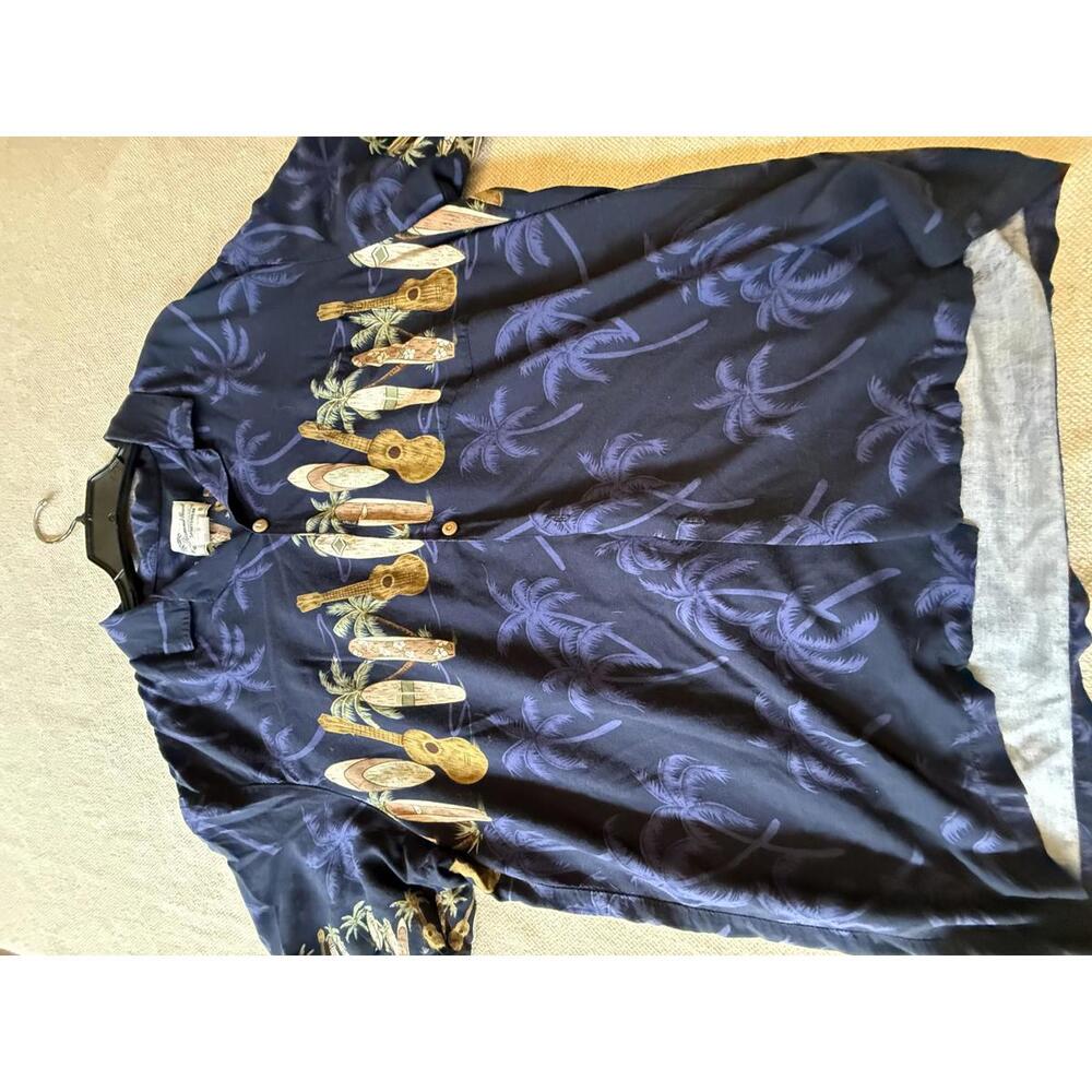 Vintage Hawaiian Rayon Shirt with Guitar and Palm Tree Print